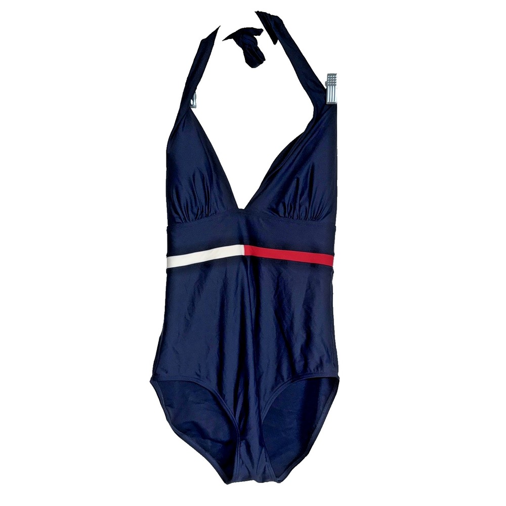 Summer Vacation Preppy Tommy Hilfiger Halter Red White Blue Swimsuit Sz 10 - Picture 2 of 10